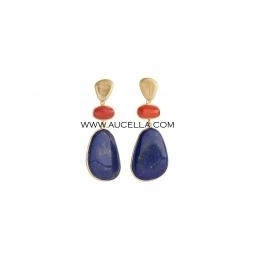 Earrings set in silver with natural coral and lapis cabochons