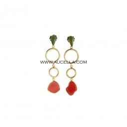 Earrings set in silver with natural coral and jade