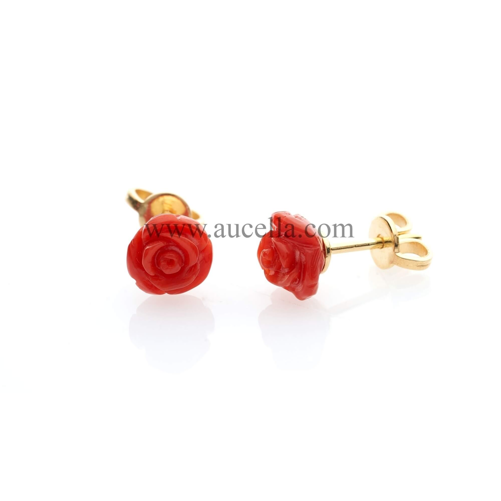 Earrings set in gold with red coral roses 7 mm 