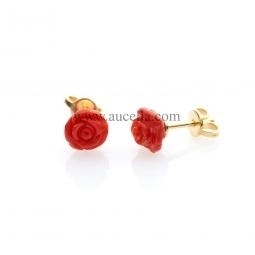 Earrings set in gold with red coral roses 7 mm 