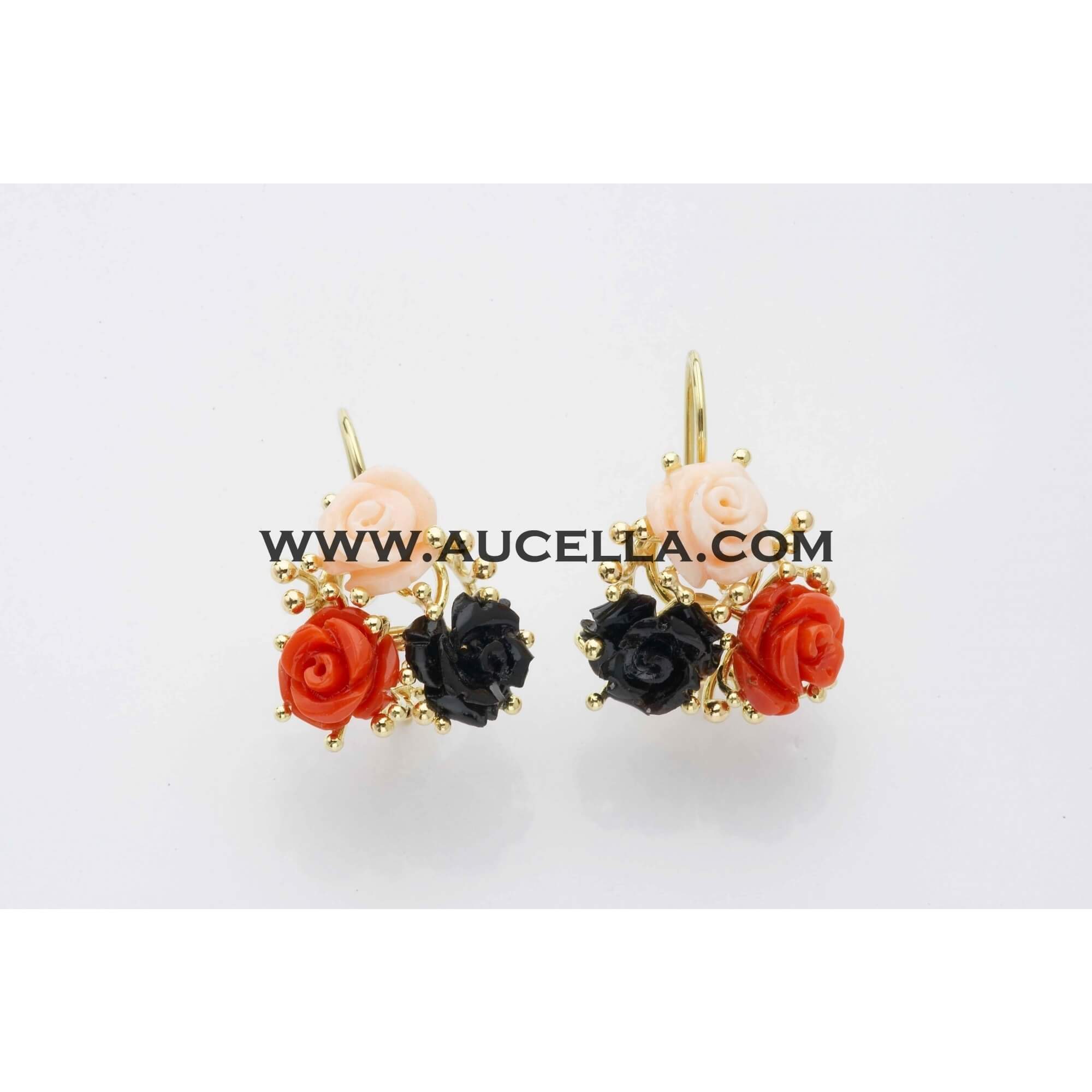 Earrings with coral roses set in gold 