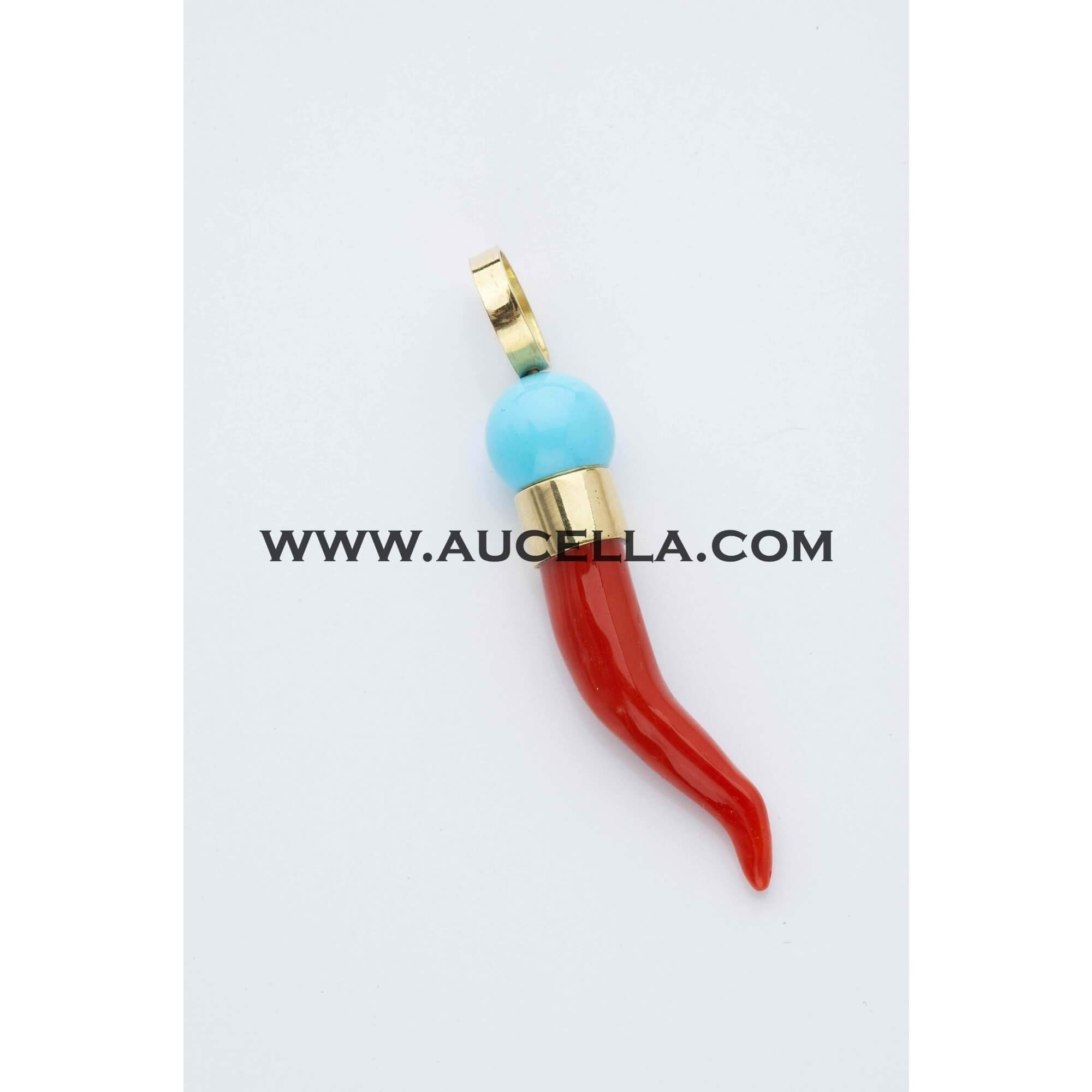 Pendant set in gold with coral and turquoise 